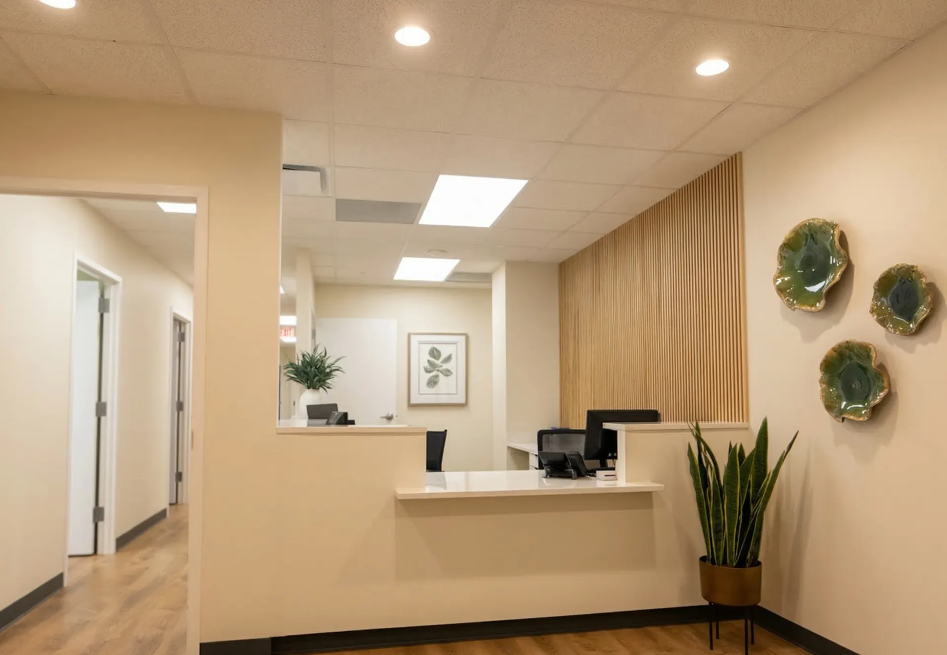 Welcoming front desk with wood accent wall
